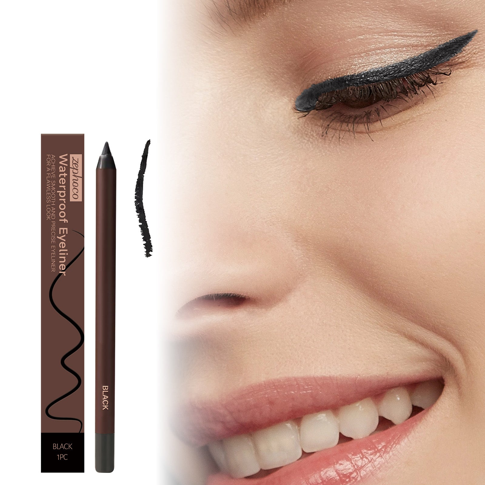Black waterproof eyeliner pencil with open tip and visible black eyeliner swatch