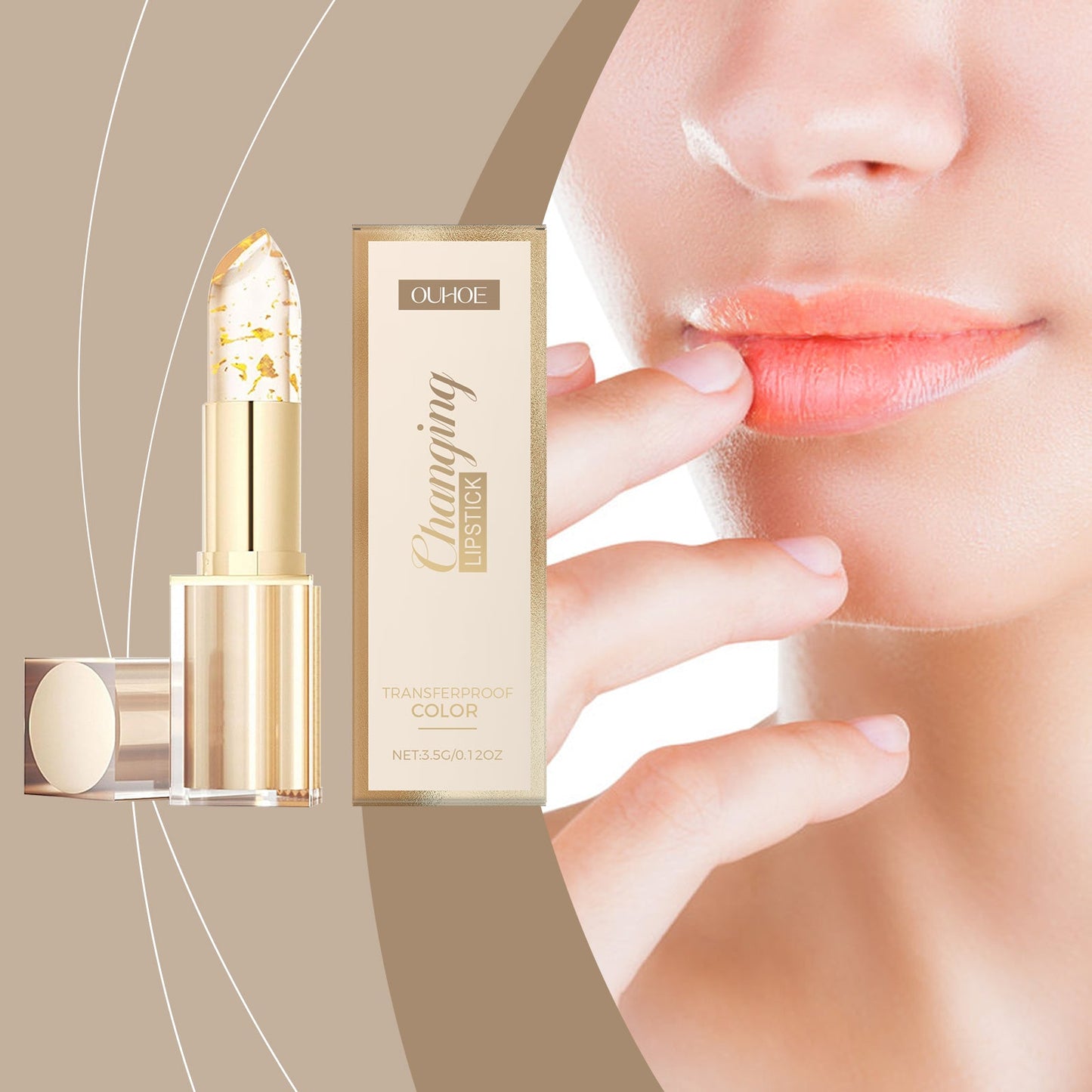 Gold color-changing nourishing lipstick; hand swipes red-pink lip color