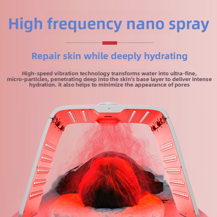 Skincare treatment device with open red light area and overhead nozzle