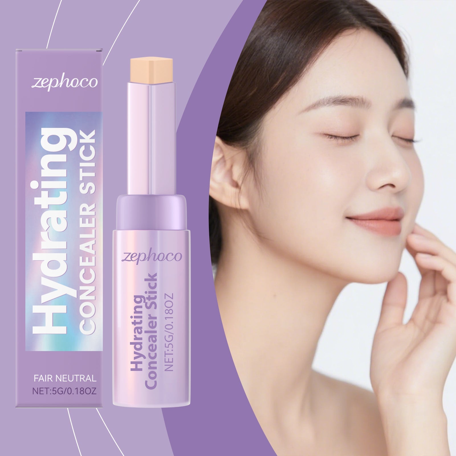 Hydrating concealer stick, ivory white shade, shown beside a woman's face
