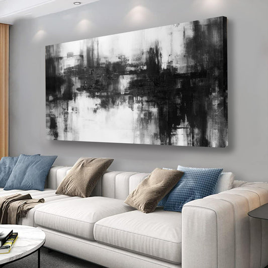 Black-and-white abstract wall art canvas with layered brush strokes, modern rectangular