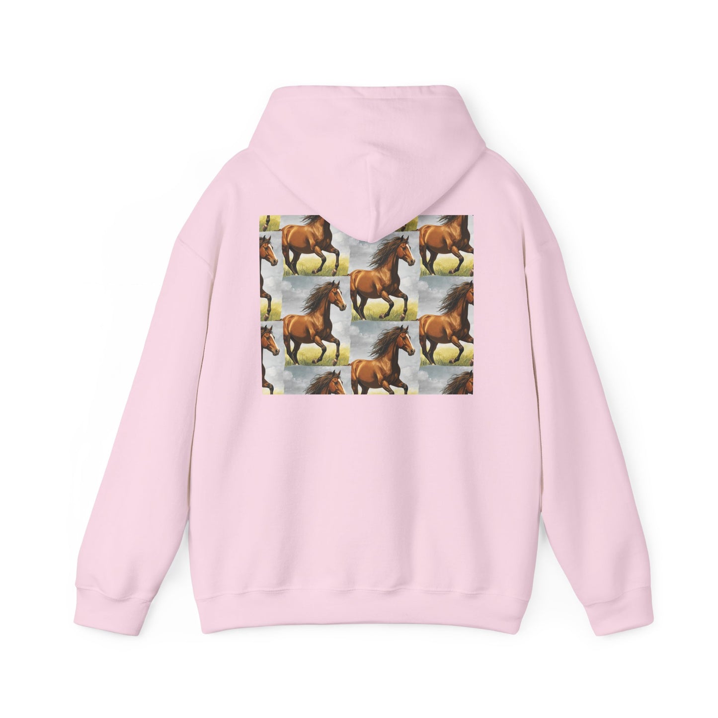 Light pink horse pattern hoodie with hood and large back horse collage graphic