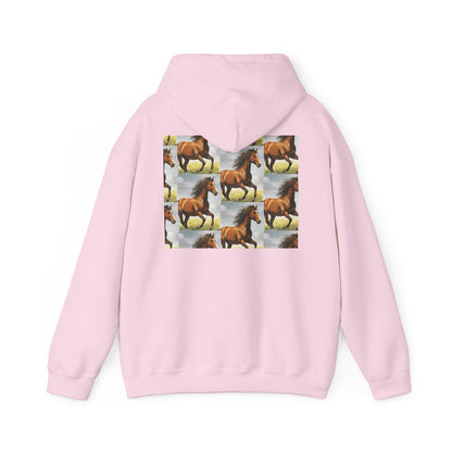 Light pink horse pattern hoodie with hood and large back horse collage graphic