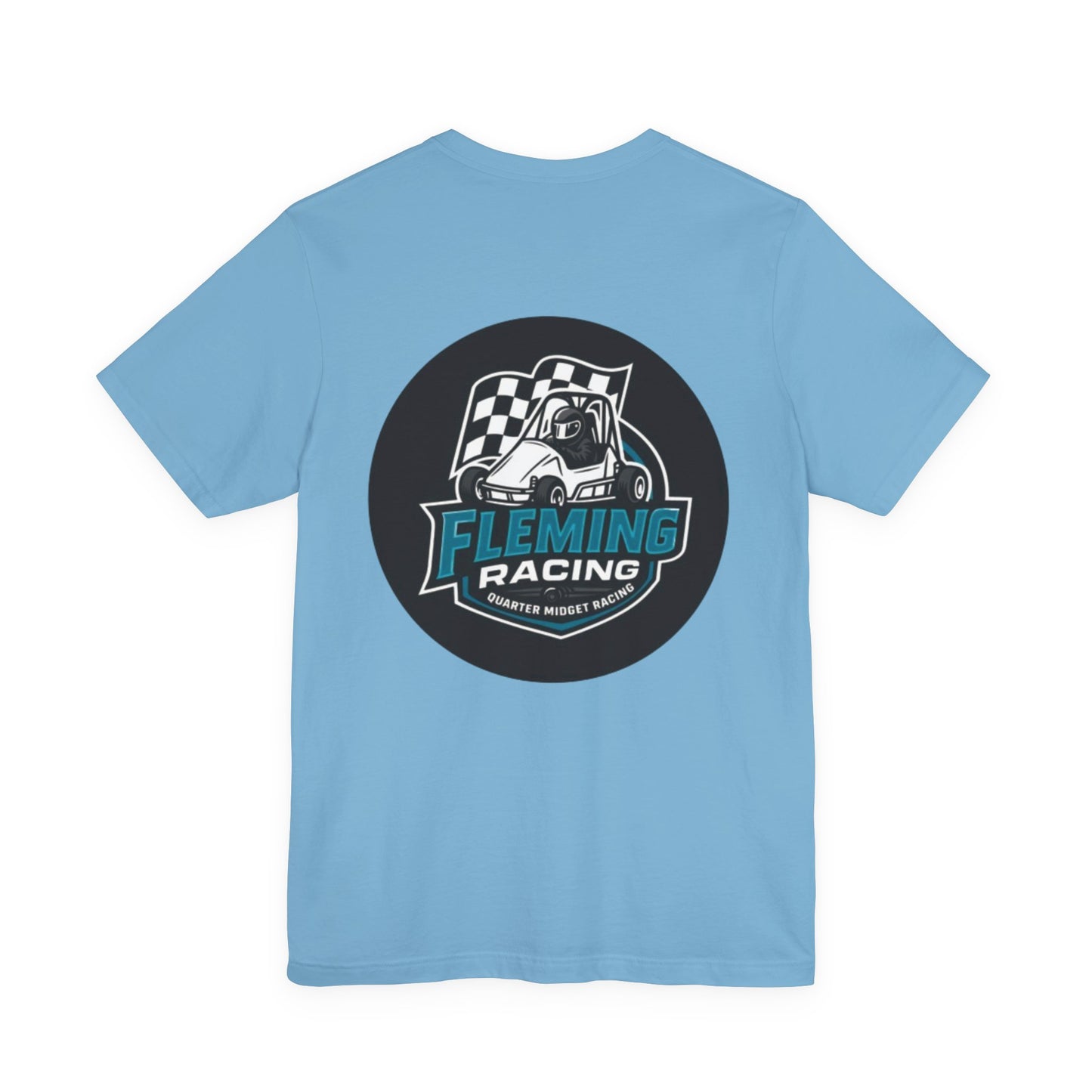 Light blue Fleming Racing logo T-shirt with circular car emblem on chest