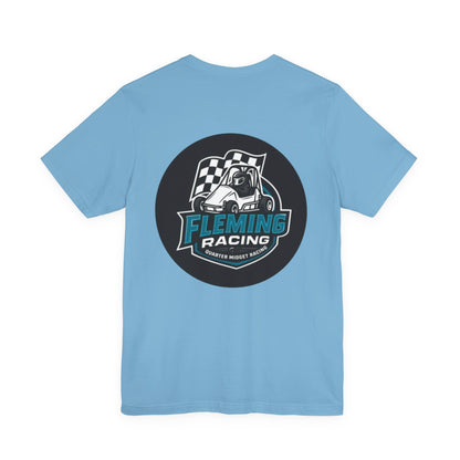 Light blue Fleming Racing logo T-shirt with circular car emblem on chest