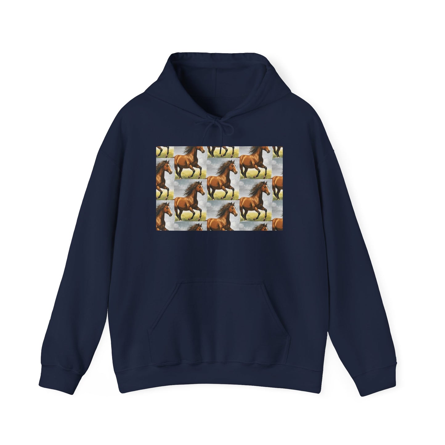 Navy horse-pattern hoodie with front pouch and drawstring hood