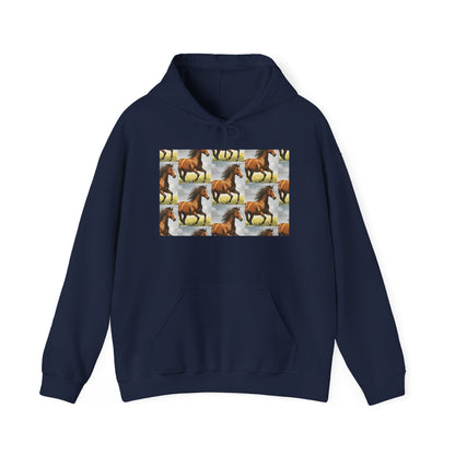 Navy horse-pattern hoodie with front pouch and drawstring hood