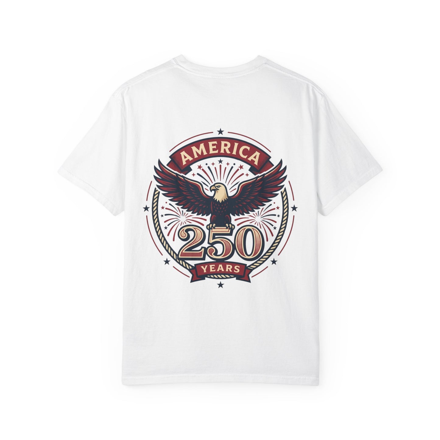 White crewneck T-shirt with circular eagle "America 250 years" back graphic