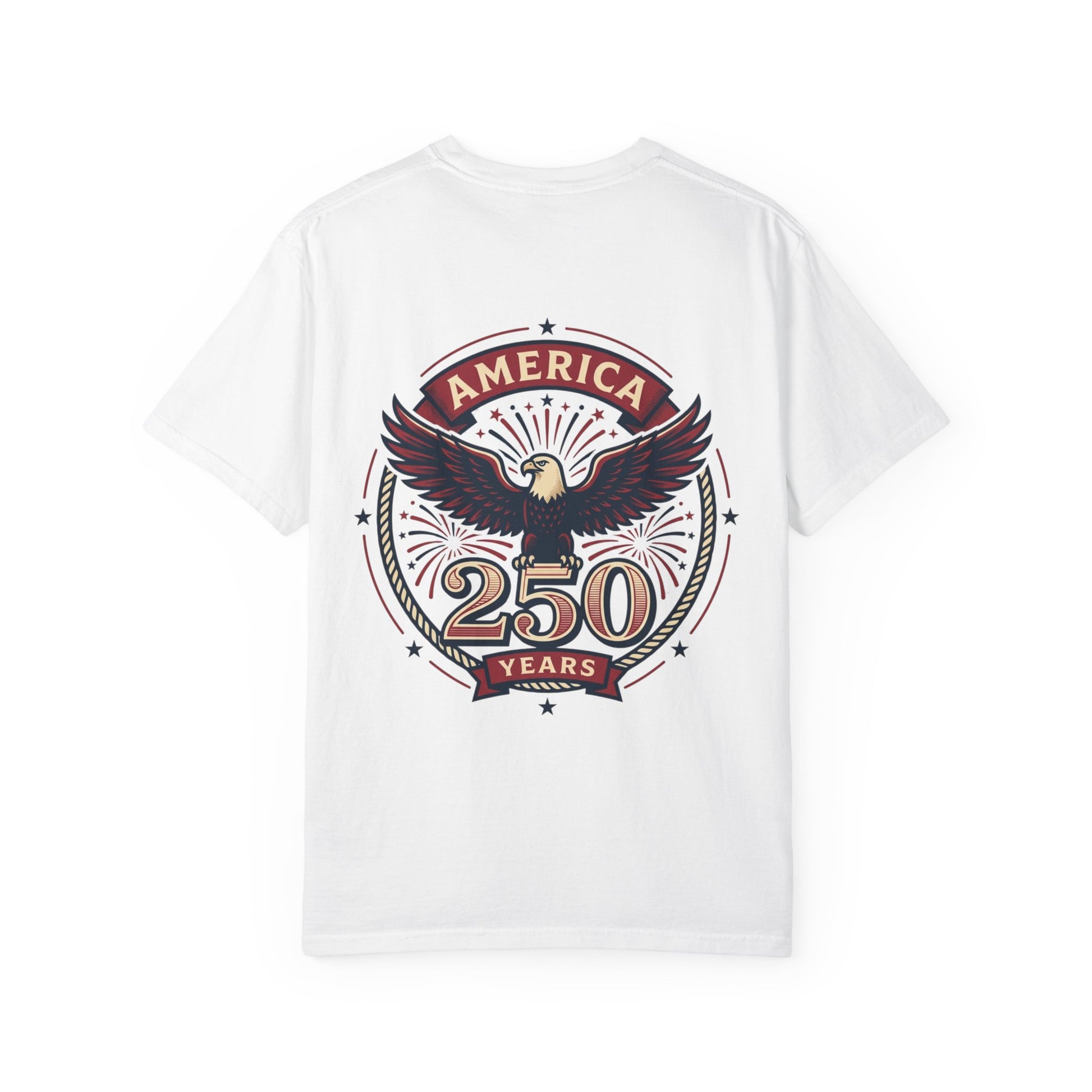 White crewneck T-shirt with circular eagle "America 250 years" back graphic