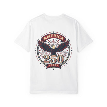White crewneck T-shirt with circular eagle "America 250 years" back graphic