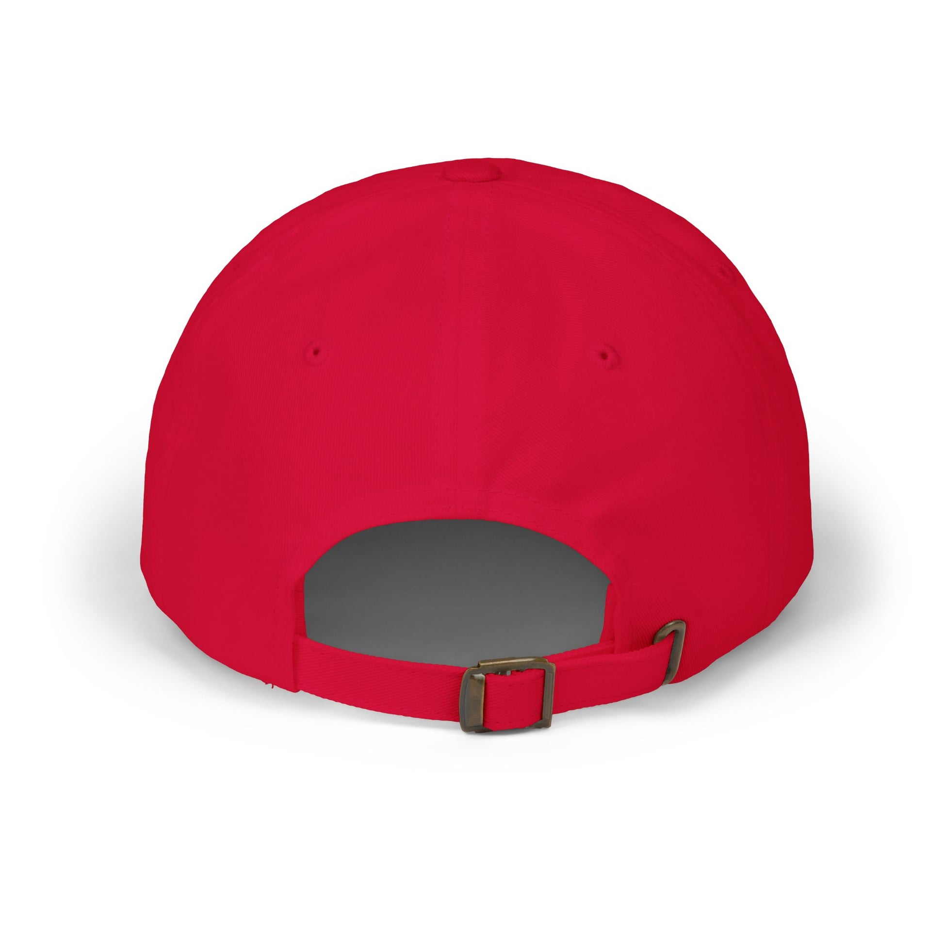 Red dad cap with adjustable back strap and curved brim