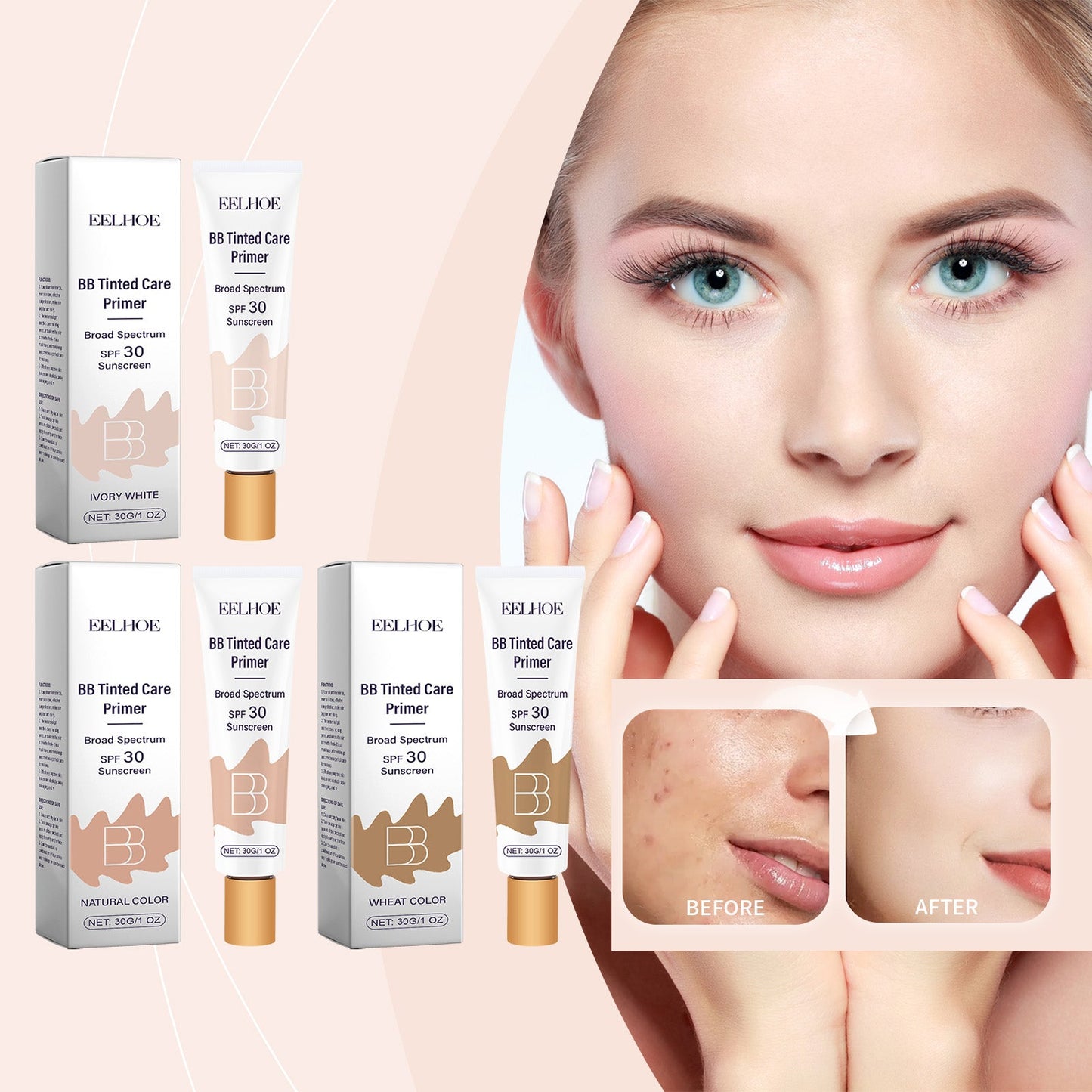 Sunscreen BB cream tube and boxed set with face swatches, SPF 30