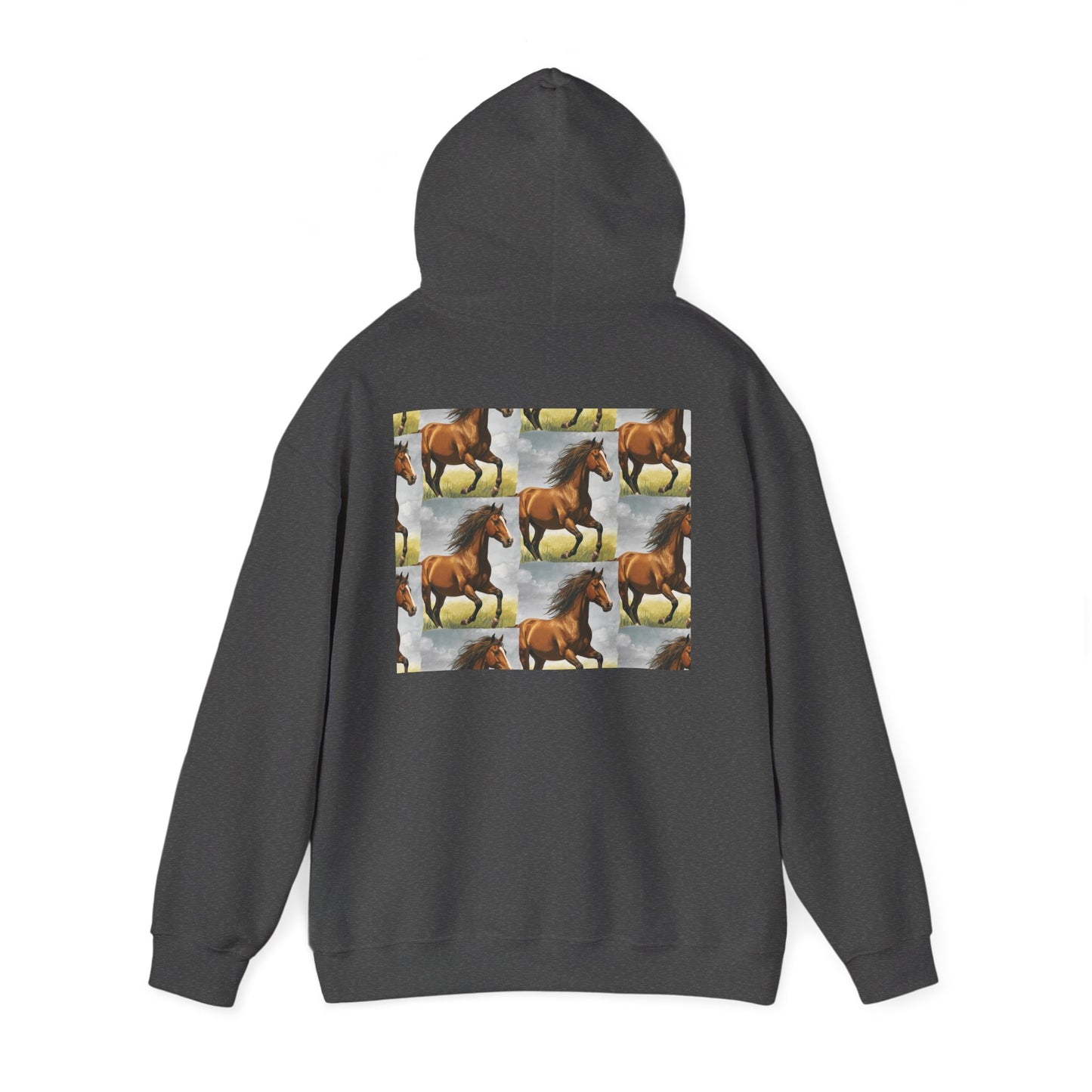 Dark gray horse pattern hoodie, back view with hood and centered graphic panel
