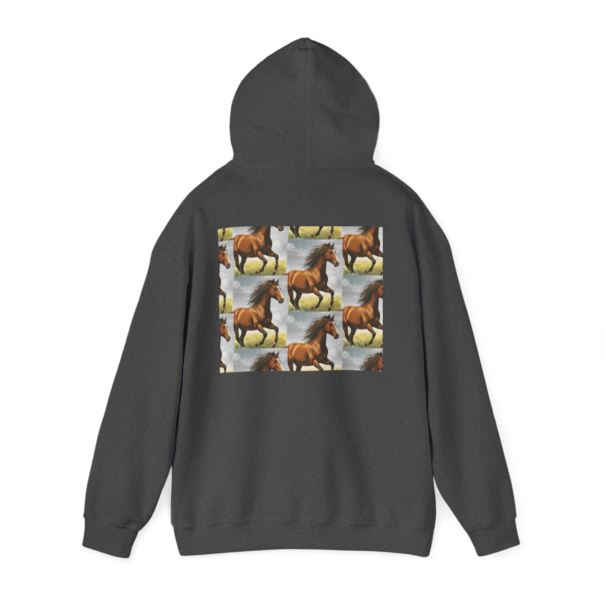 Dark gray horse pattern hoodie, back view with hood and centered graphic panel