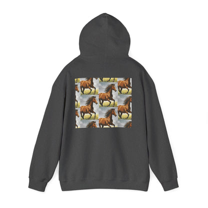 Dark gray horse pattern hoodie, back view with hood and centered graphic panel