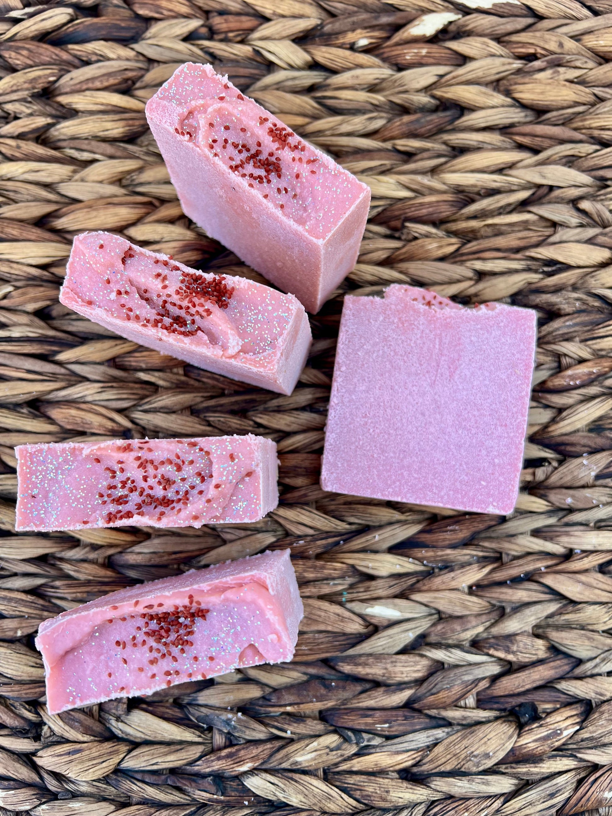 Sea salt soap bar pieces, pink-purple with dark speckles