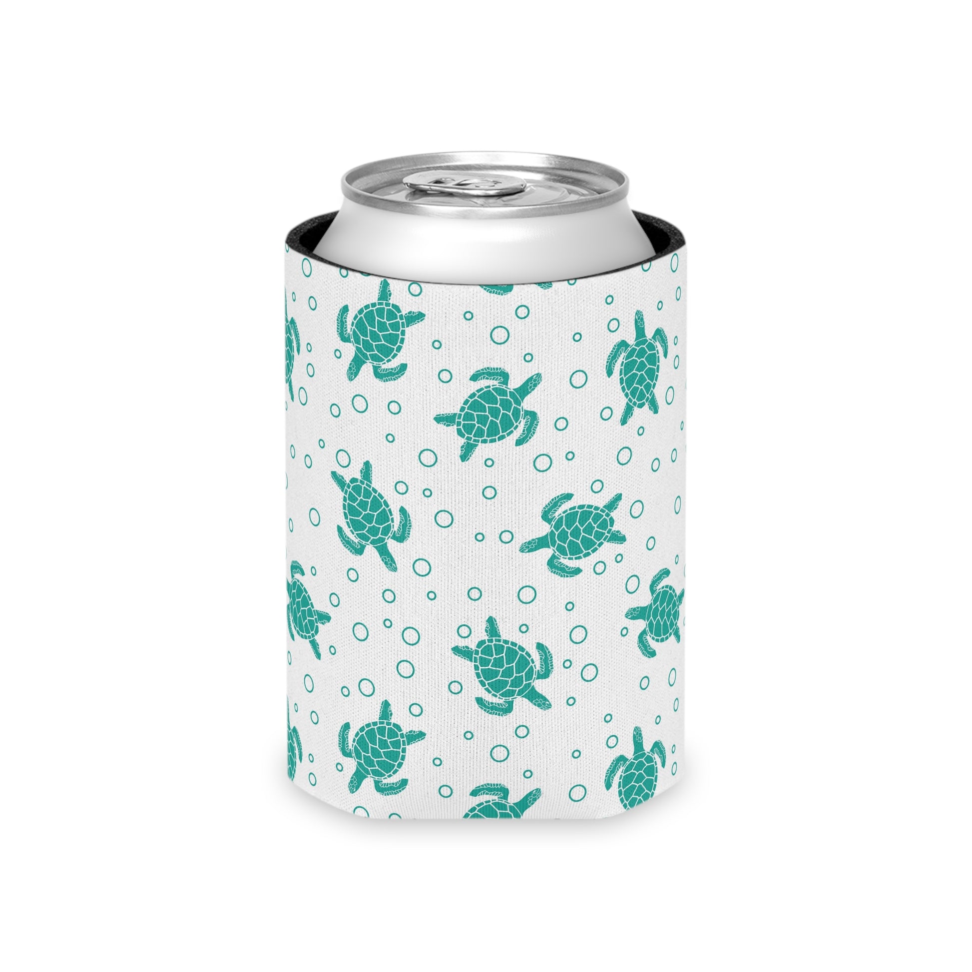 Turquoise sea turtle can cooler sleeve on a can, centered turtle and dot pattern