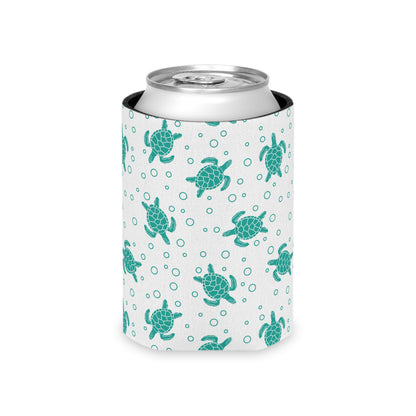 Turquoise sea turtle can cooler sleeve on a can, centered turtle and dot pattern