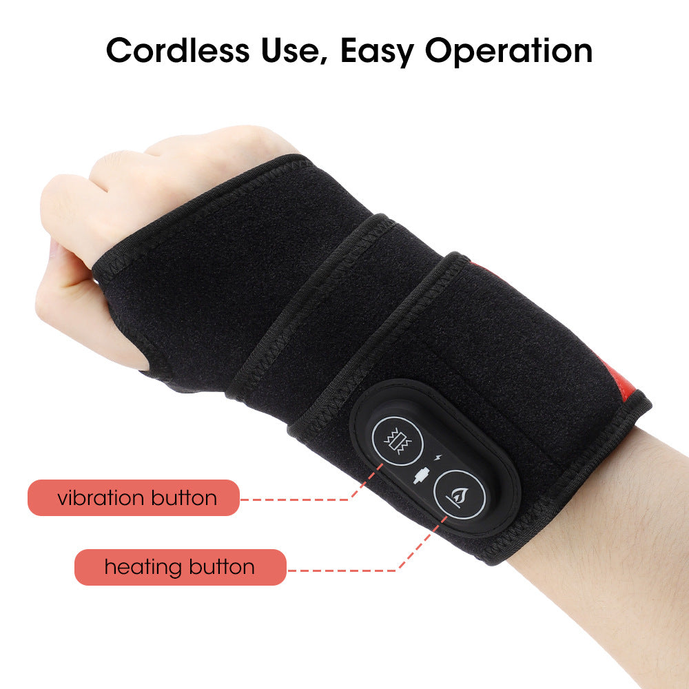 Black wrist heating brace with control buttons on front strap