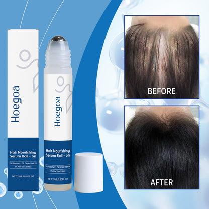 Hair growth roll-on serum bottle with white box and before/after scalp panels