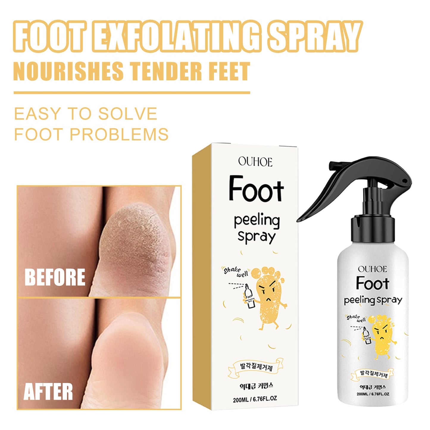 Foot peeling spray bottle with trigger nozzle and matching retail box