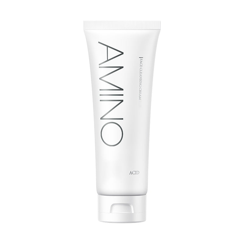 Amino acid facial cleanser tube, front view, white squeeze tube with pump cap.
