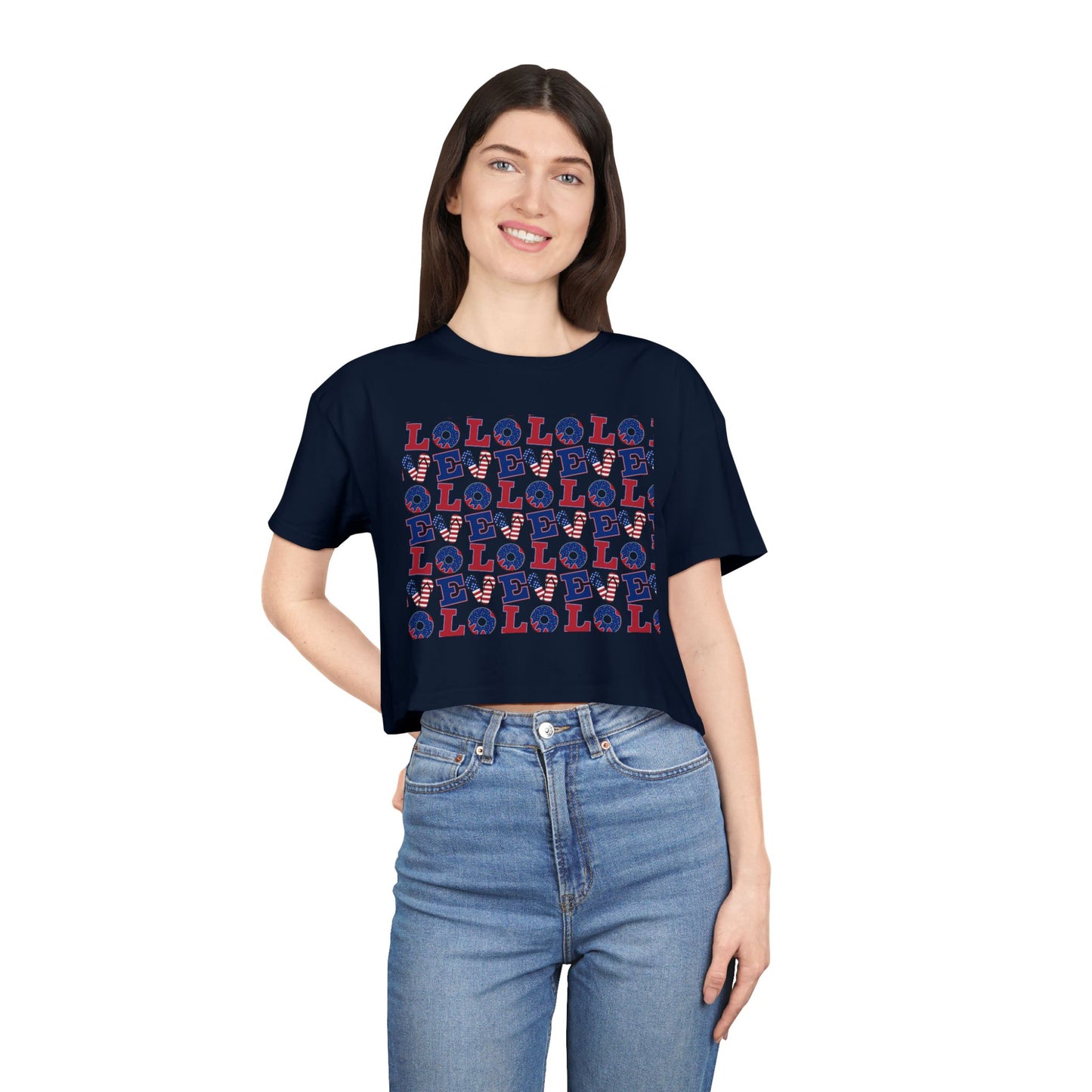 Crop top graphic tee, navy with multicolor LOL print front
