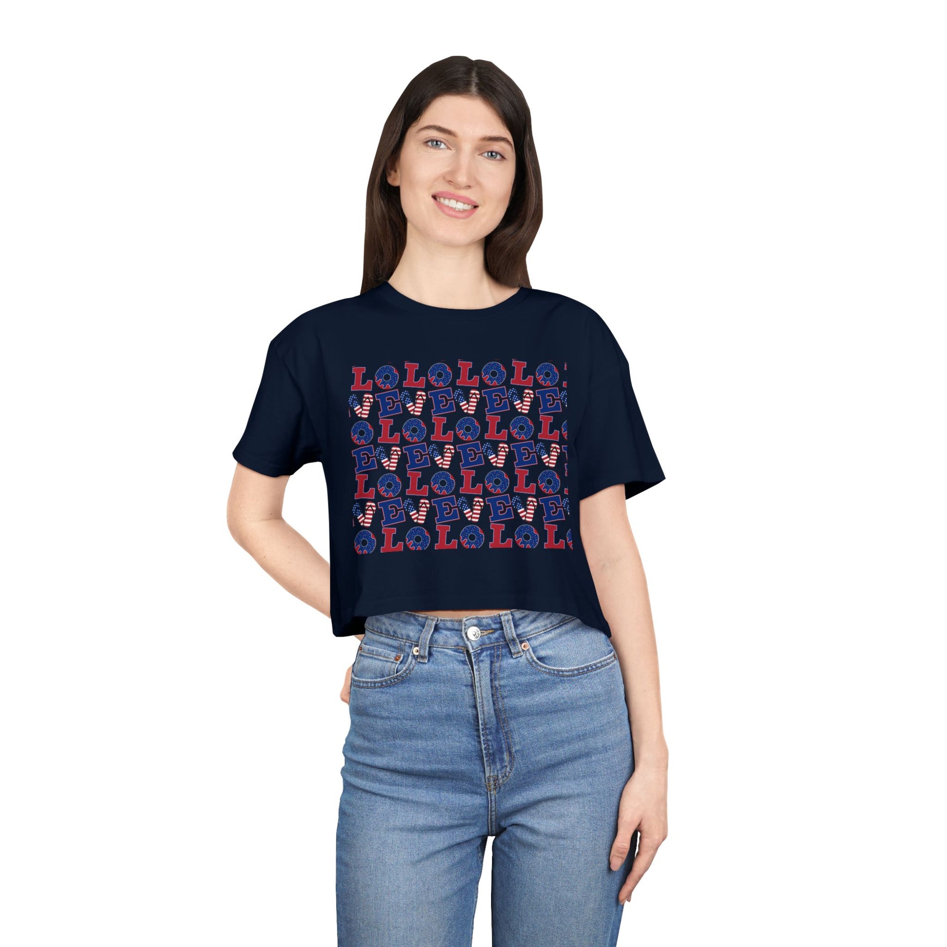 Crop top graphic tee, navy with multicolor LOL print front