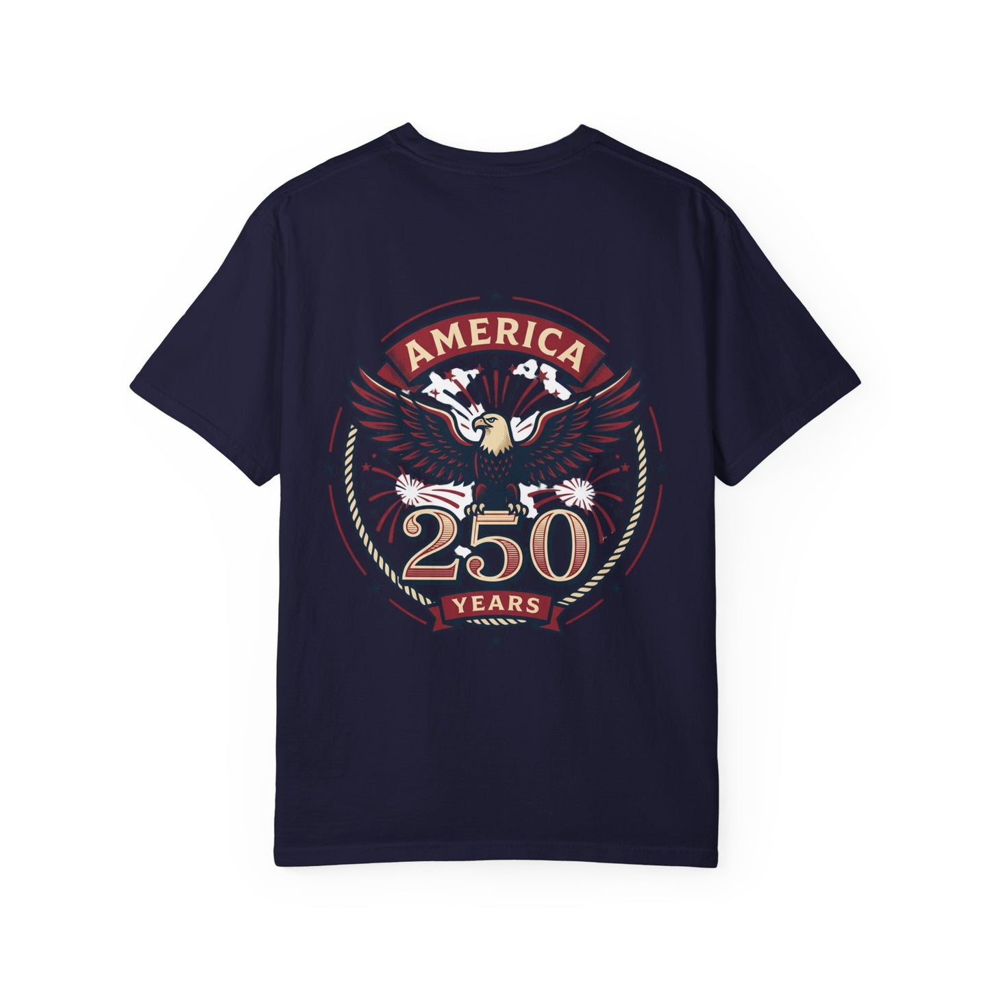 Navy T-shirt with circular 250 Years eagle graphic in red, gold, and cream