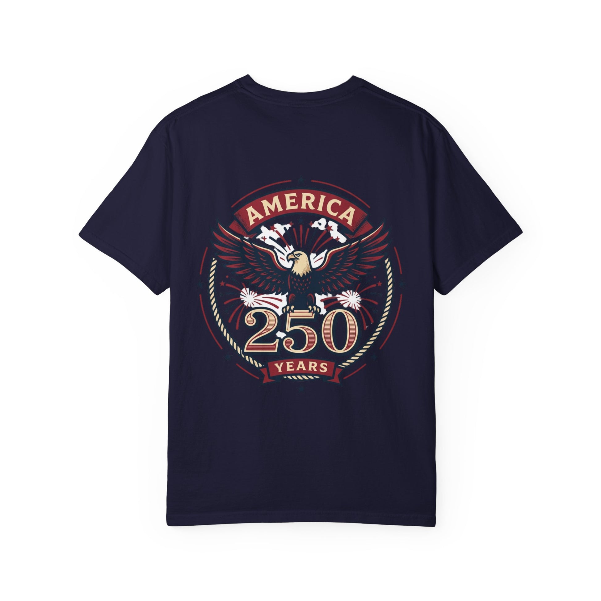 Navy T-shirt with circular 250 Years eagle graphic in red, gold, and cream
