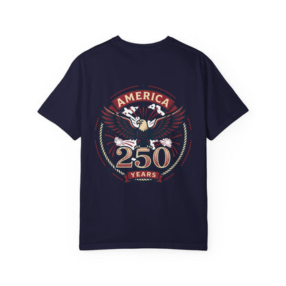 Navy T-shirt with circular 250 Years eagle graphic in red, gold, and cream