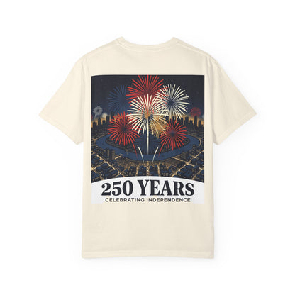 Cream T-shirt with large fireworks scene and text "250 YEARS" and "Celebrating Independence".