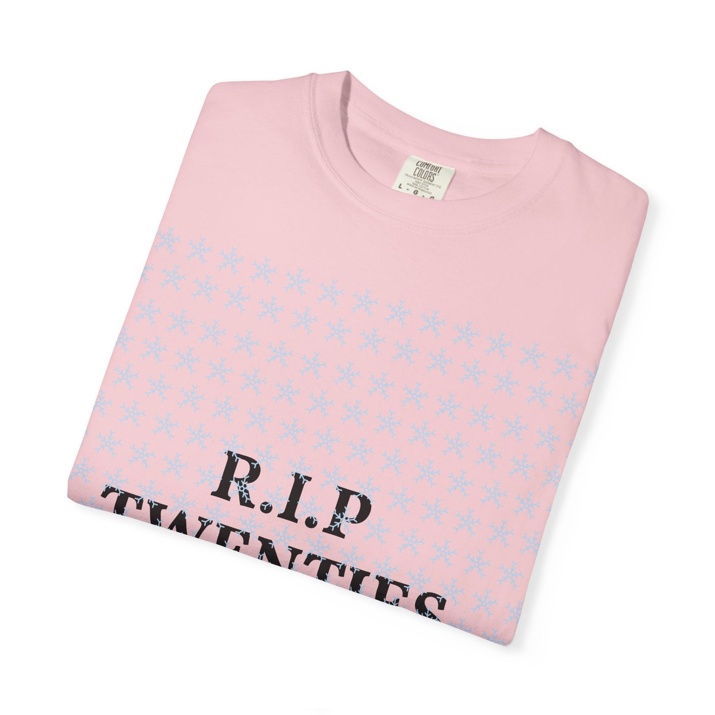 Unisex garment-dyed T-shirt in blossom pink with snowflake pattern and R.I.P Twenties print