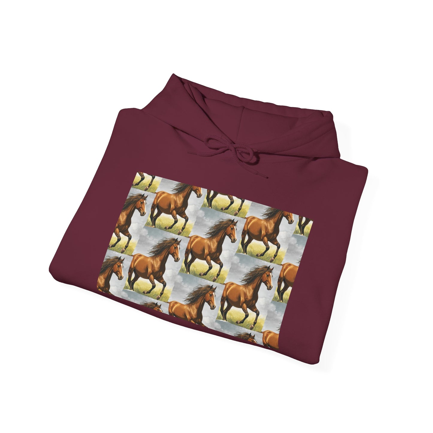 Maroon horse pattern hoodie with large front graphic panel and drawstring hood