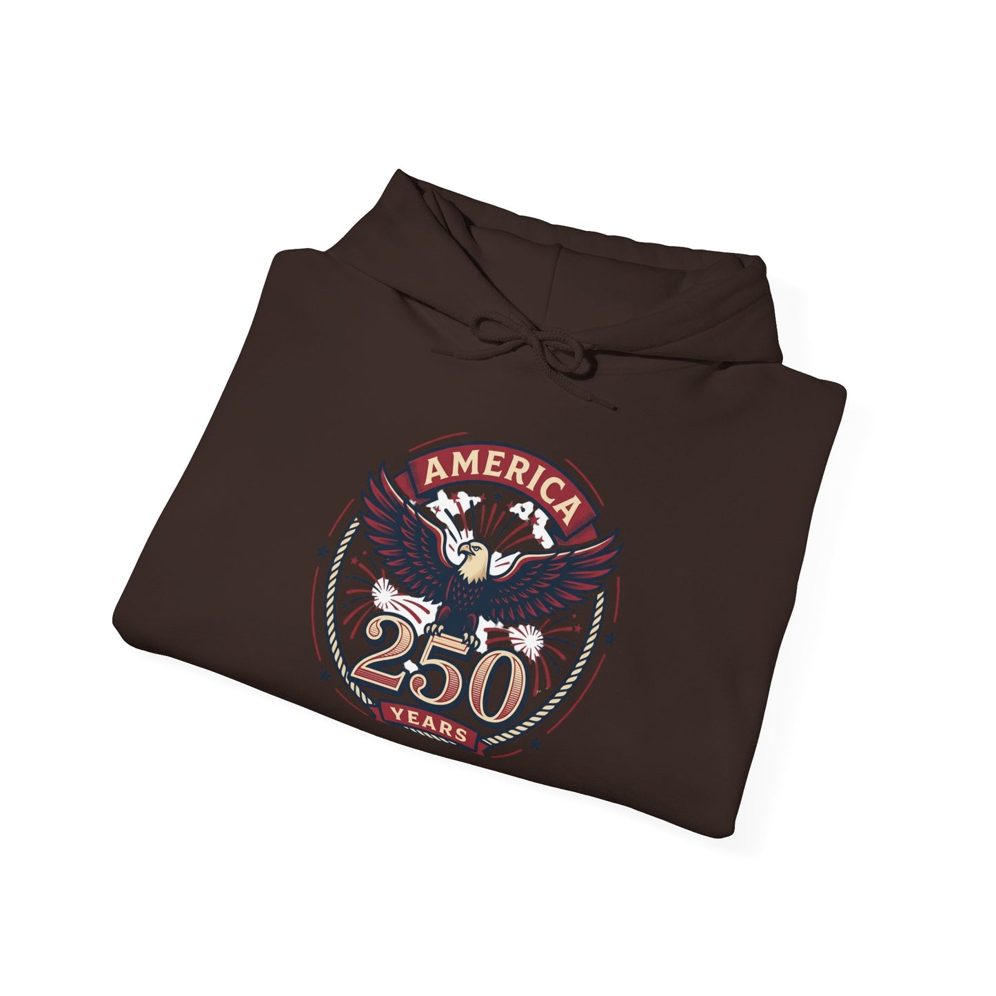Dark brown hoodie with eagle “America 250 Years” graphic on chest
