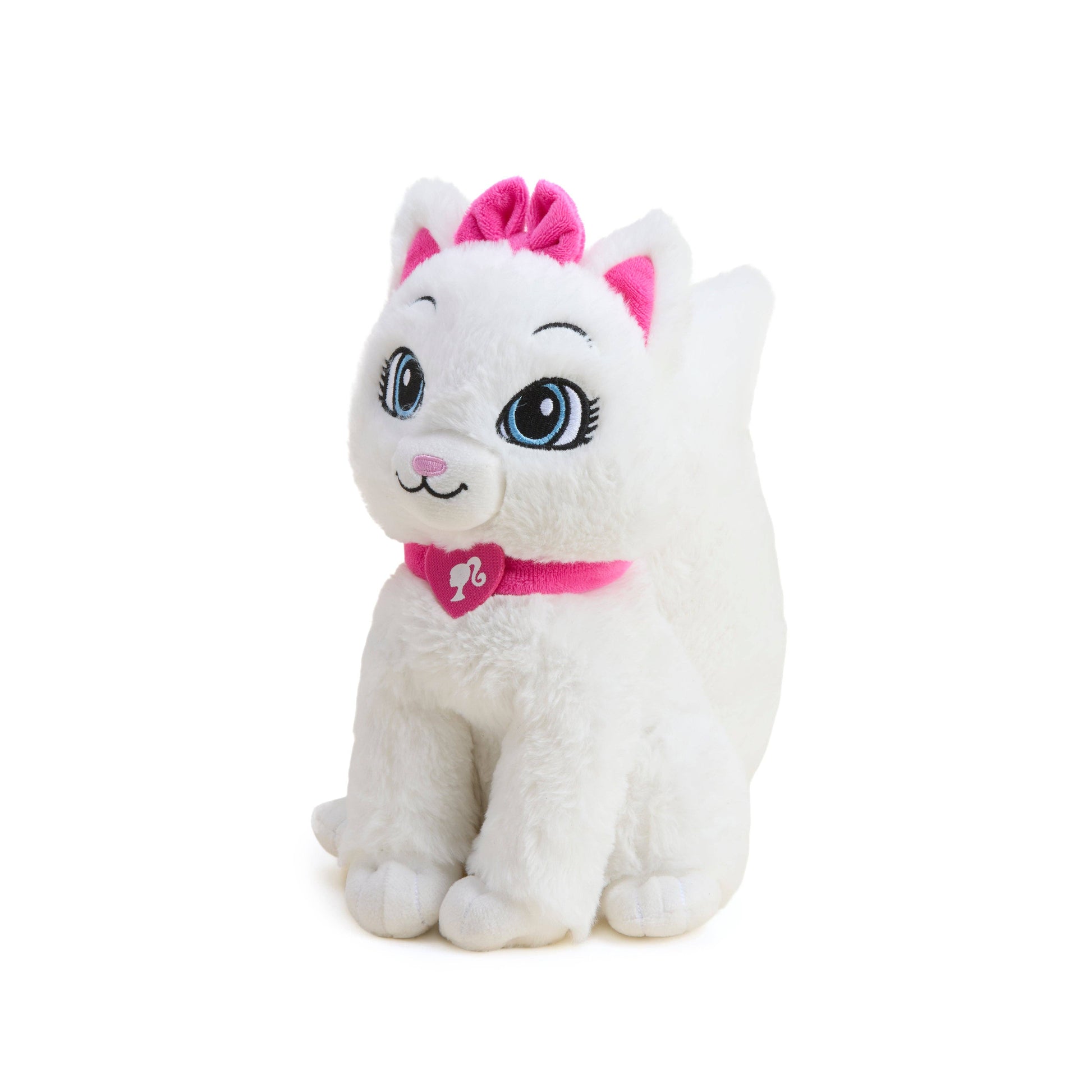 White plush cat with pink collar and bow, sitting pose, blue eyes