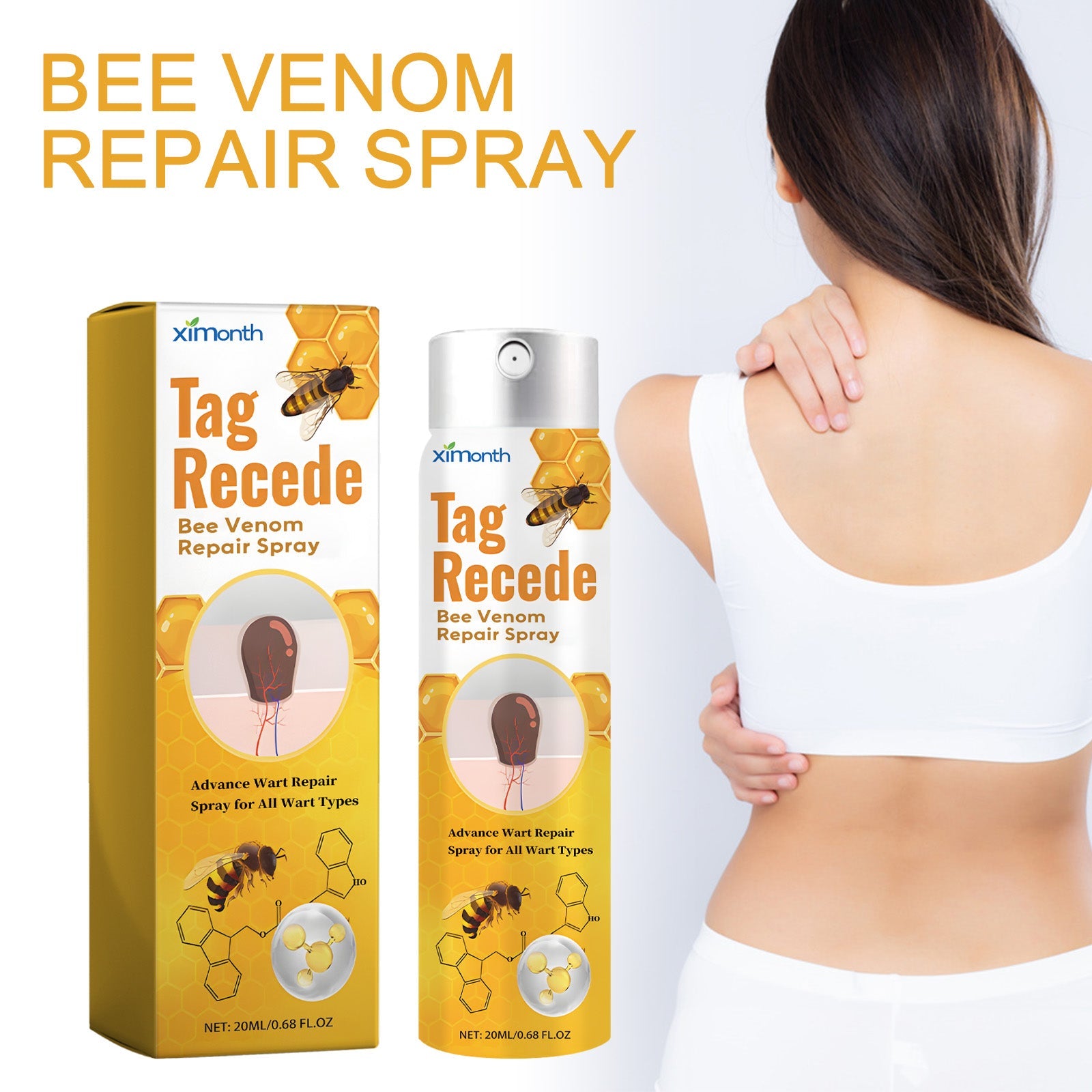 Bee Purifying Skin Spray 20ML bottle and box beside woman shoulders, ximonth