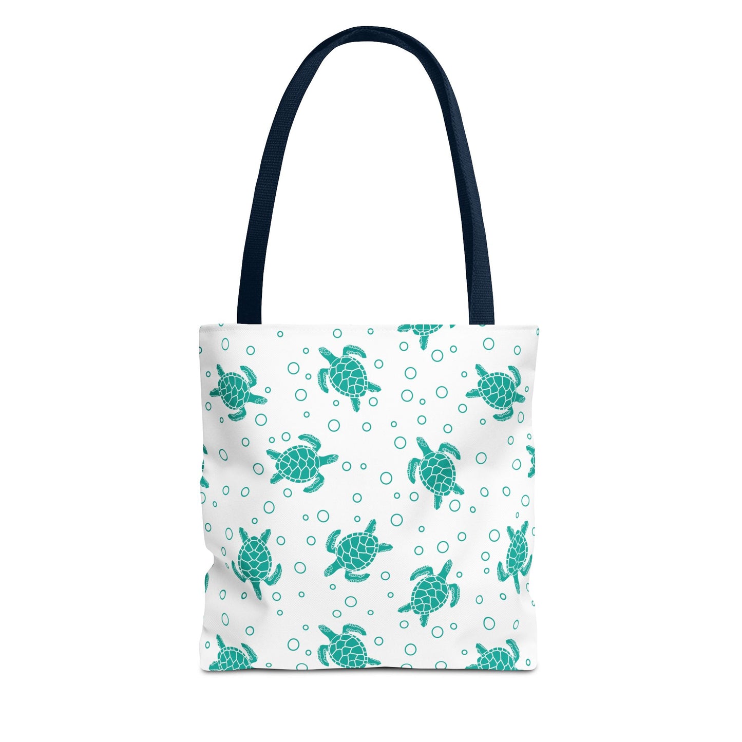 Sea turtle pattern tote bag with teal turtles on white background and navy handles