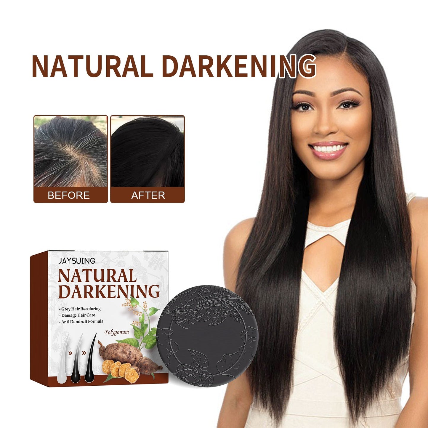 Natural Darkening shampoo bar with round black bar and box beside long straight hair