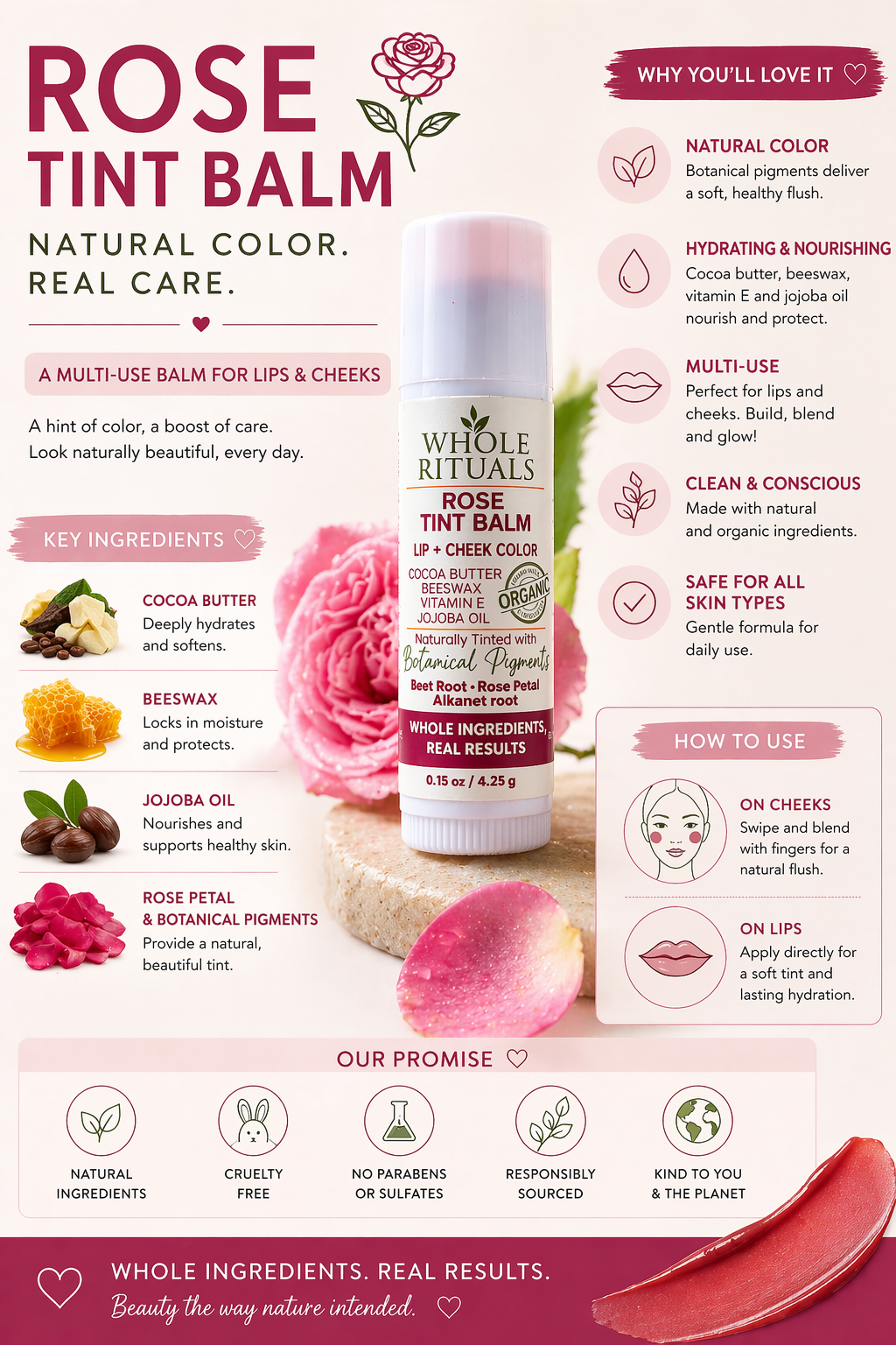 Rose tint balm tube with rose-themed product benefits layout for lips and cheeks