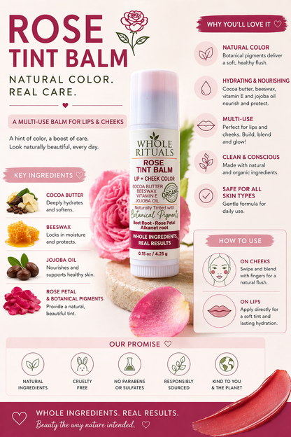 Rose tint balm tube with rose-themed product benefits layout for lips and cheeks