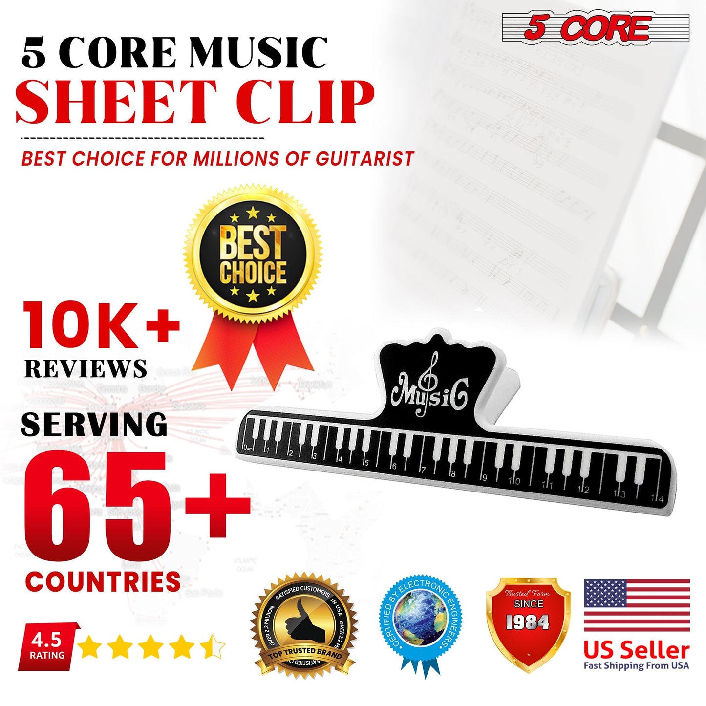 5Core Music Sheet Page Holder Clip Black Durable Plastic Music Score Fixed Clips - Renee Lane Company