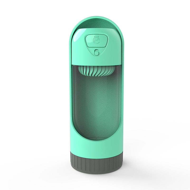 Portable dog water bottle in mint green with flip-top lid and built-in drinking spout