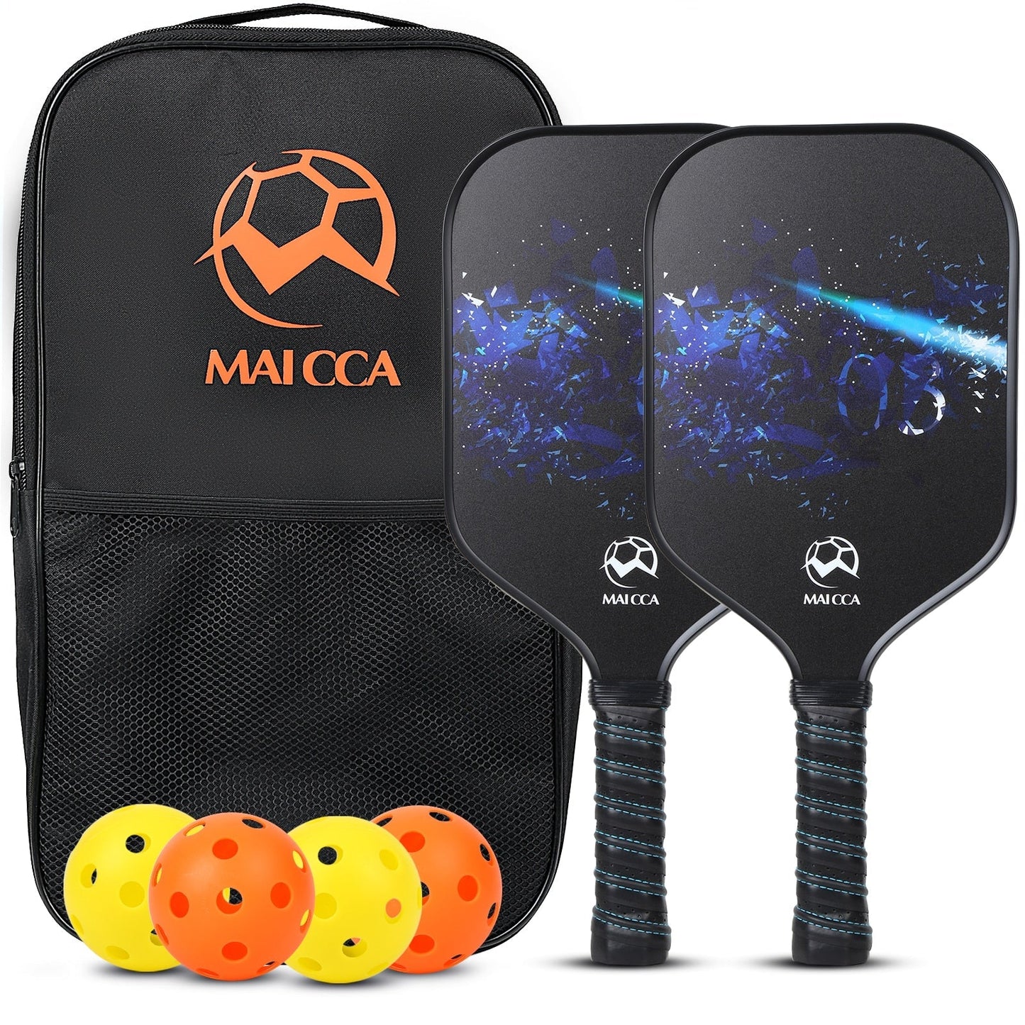 Pickleball paddle set with MAICCA bag, two blue paddles, and yellow/orange balls