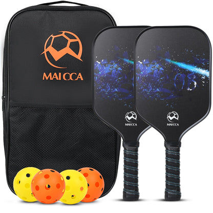 Pickleball paddle set with MAICCA bag, two blue paddles, and yellow/orange balls