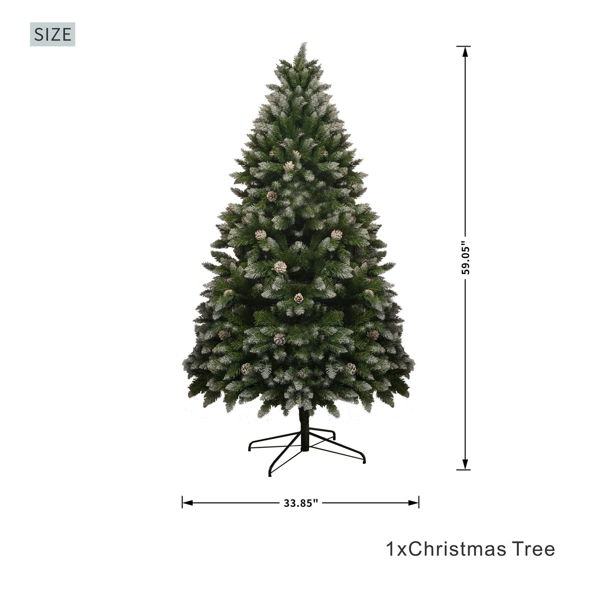 Artificial Christmas tree with snow-dusted tips, pinecones, and folding metal stand