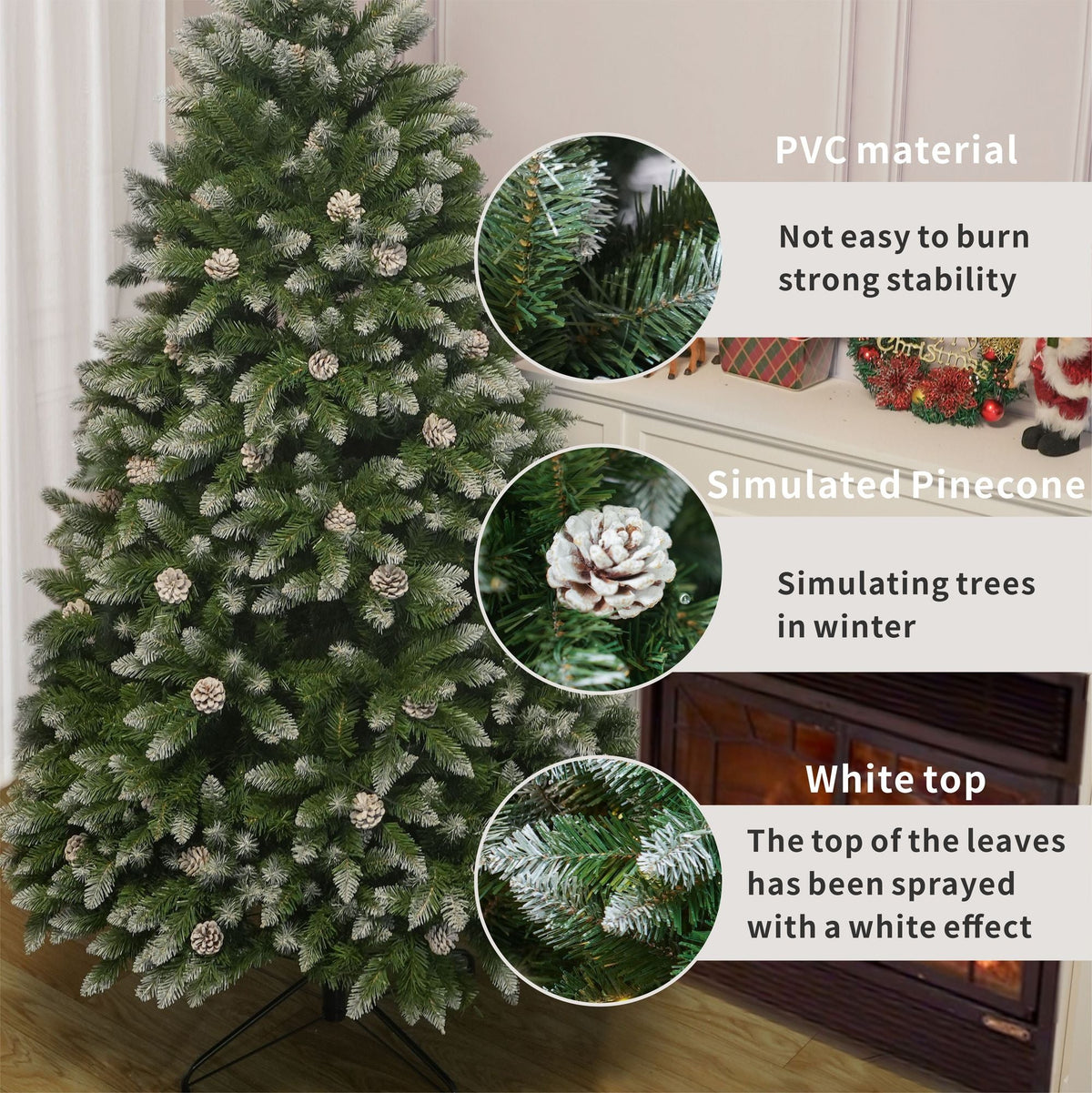 Snow-dusted artificial tree branches with pinecones and layered tip texture