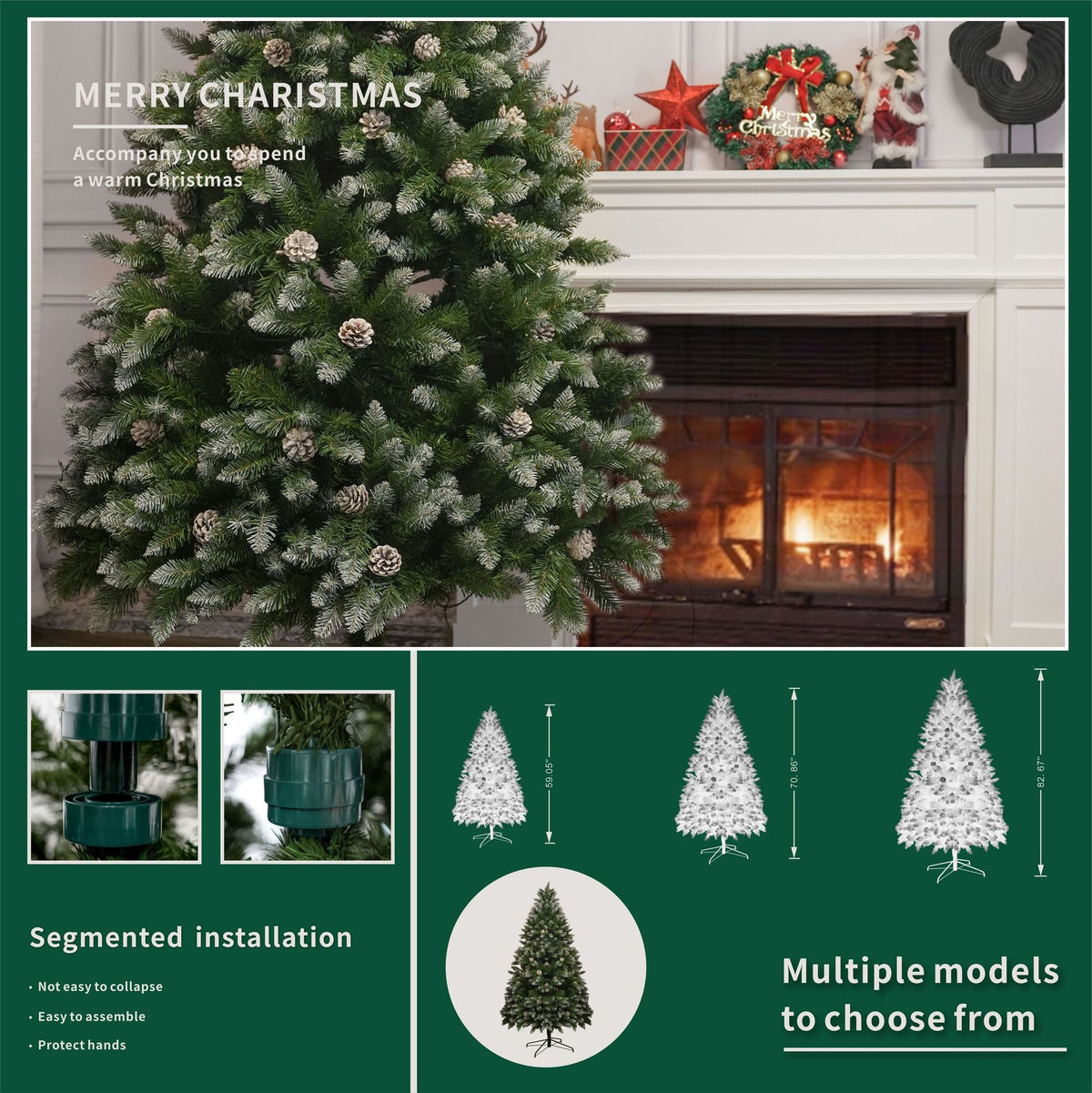 Artificial Christmas tree with snow-dusted branches and pinecone accents, full height