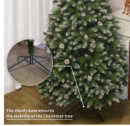 Artificial Christmas tree with snow-dusted branches and pinecones, metal base