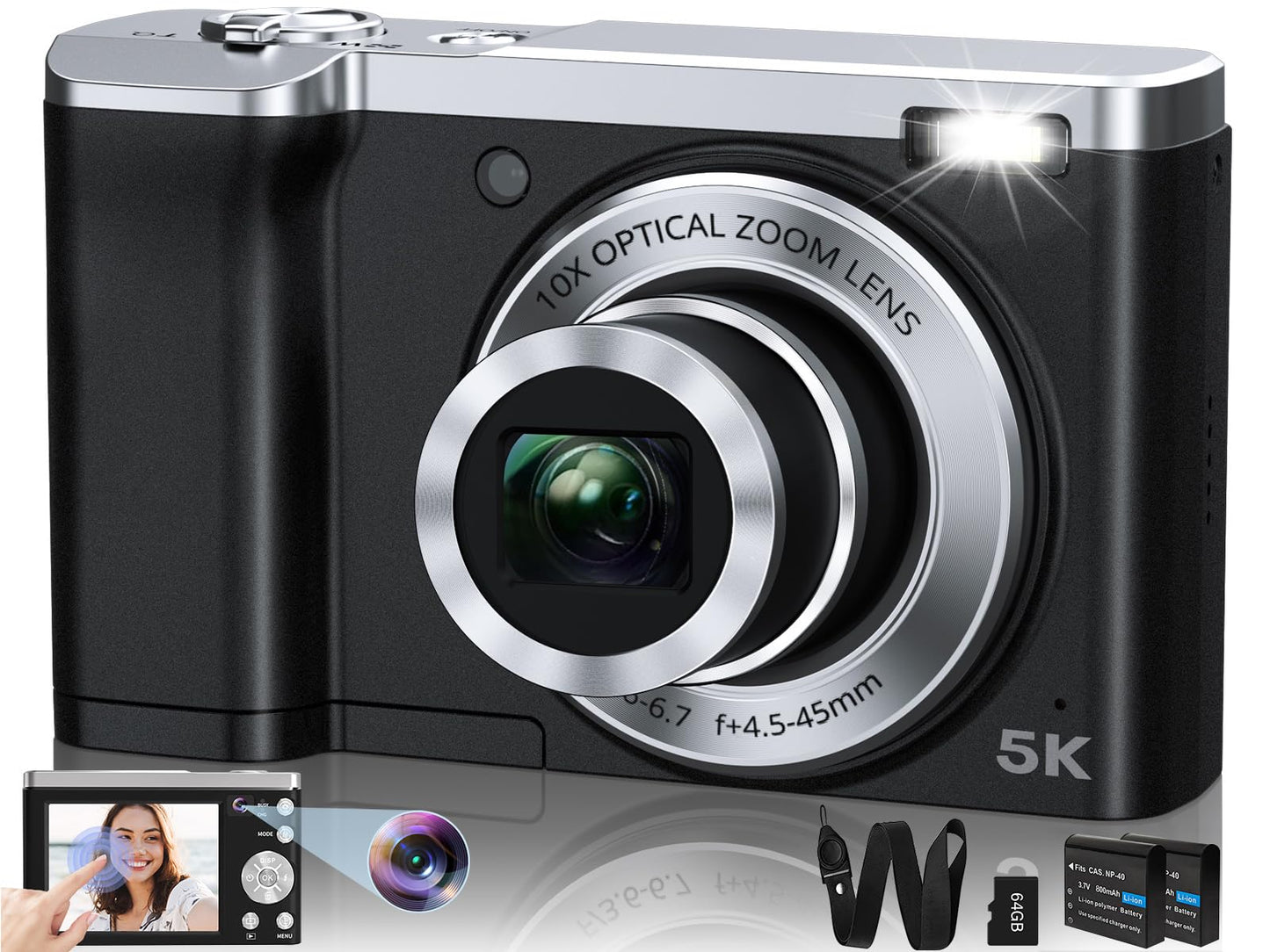 5K Digital Camera 56MP Cameras for Photography Autofocus10X Optical Zoom Vlogging Compact Camera with Front and Rear Camera6-Axis Anti-ShakeTouch Screen with 64GB SD Card2 Batteries - Renee Lane Company